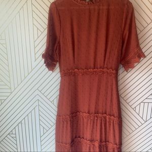 Dreaming of You Rust Orange Swiss Dot Midi Dress